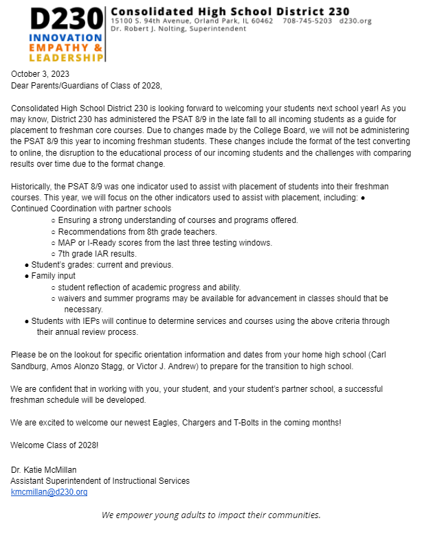 Letter to parents regarding placement. Click for downloadable PDF.